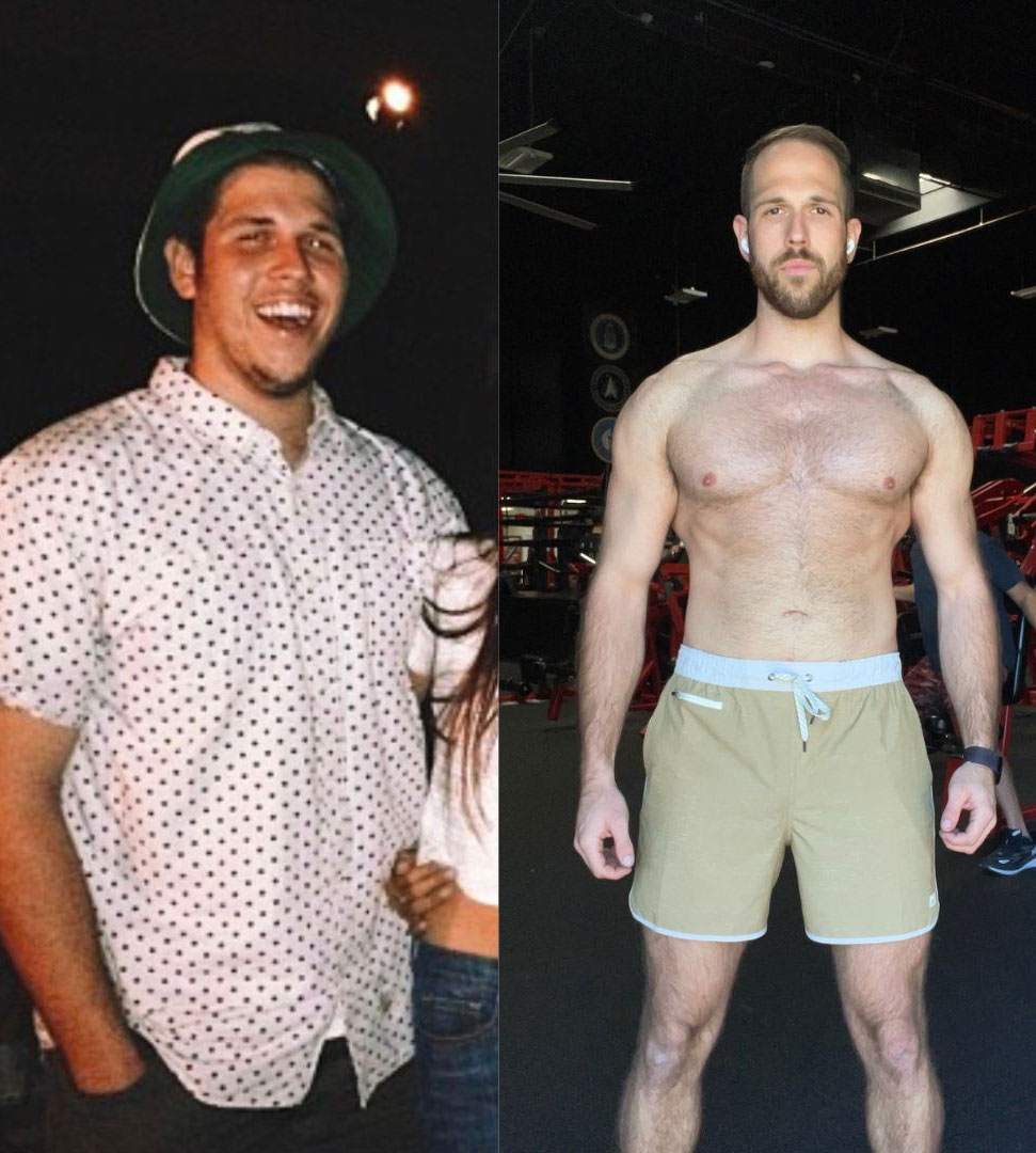 Comparison image showcasing Coach's transformation before and after his fitness journey.